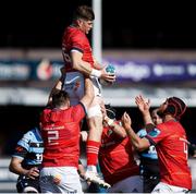 17 September 2022; Jack O'Donoghue of Munster takes possession of a lineout during the United Rugby Championship match between Cardiff and Munster at Cardiff Arms Park in Cardiff, Wales. Photo by Gruffydd Thomas/Sportsfile