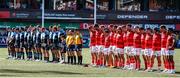 17 September 2022; the two teams before during the United Rugby Championship match between Cardiff and Munster at Cardiff Arms Park in Cardiff, Wales. Photo by Sean Alabaster/Sportsfile