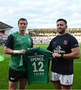 17 September 2022; Connacht captain Gavin Thornbury presents a jersey to Ulster captain Alan O'Connor to honour the 10th anniversary of the late Ulster player Nevin Spence before the United Rugby Championship match between Ulster and Connacht at Kingspan Stadium in Belfast. Photo by David Fitzgerald/Sportsfile