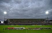 17 September 2022; Players from both sides stand for a moment's silence before the United Rugby Championship match between Ulster and Connacht at Kingspan Stadium in Belfast. Photo by David Fitzgerald/Sportsfile