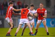 17 September 2022; Dara Mullin of Kilmacud Crokes is tackled by Cuala players, from left Niall James, David Sheerin and Peadar Ó Cofaigh Byrne during the Dublin County Senior Club Football Championship Quarter-Final match between Kilmacud Crokes and Cuala at Parnell Park in Dublin. Photo by Ben McShane/Sportsfile