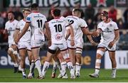 17 September 2022; Luke Marshall of Ulster, right, is congratulated by team mates after scoring their side's first try during the United Rugby Championship match between Ulster and Connacht at Kingspan Stadium in Belfast. Photo by David Fitzgerald/Sportsfile