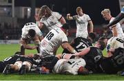 17 September 2022; Callum Reid of Ulster, hidden, scores his side's fifth try during the United Rugby Championship match between Ulster and Connacht at Kingspan Stadium in Belfast. Photo by David Fitzgerald/Sportsfile