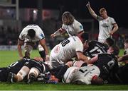 17 September 2022; Callum Reid of Ulster, hidden, scores his side's fifth try during the United Rugby Championship match between Ulster and Connacht at Kingspan Stadium in Belfast. Photo by David Fitzgerald/Sportsfile