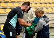 17 September 2022; Ed Byrne of Leinster signs autographs before the United Rugby Championship match between Zebre Parma and Leinster at Stadio Sergio Lanfranchi in Parma, Italy. Photo by Harry Murphy/Sportsfile