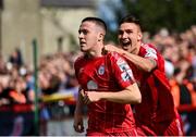 18 September 2022; Jack Moylan of Shelbourne, left, celebrates with teammate Sean Boyd after scoring their side's first goal during the Extra.ie FAI Cup Quarter-Final match between Shelbourne and Bohemians at Tolka Park in Dublin. Photo by Seb Daly/Sportsfile