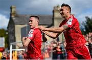 18 September 2022; Jack Moylan of Shelbourne, left, celebrates with teammate Sean Boyd after scoring their side's first goal during the Extra.ie FAI Cup Quarter-Final match between Shelbourne and Bohemians at Tolka Park in Dublin. Photo by Seb Daly/Sportsfile