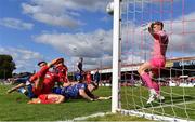 18 September 2022; Sean Boyd of Shelbourne scores his side's second goal, past Bohemians goalkeeper Jon McCracken, during the Extra.ie FAI Cup Quarter-Final match between Shelbourne and Bohemians at Tolka Park in Dublin. Photo by Seb Daly/Sportsfile