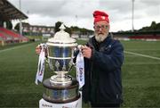 18 September 2022; League of Ireland supporter Tom Simmons with the FAI Cup before the Extra.ie FAI Cup Quarter-Final match between Derry City and Shamrock Rovers at The Ryan McBride Brandywell Stadium in Derry. Photo by Stephen McCarthy/Sportsfile