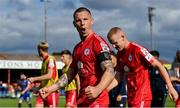 18 September 2022; Shelbourne captain Luke Byrne celebrates after his side's victory in the Extra.ie FAI Cup Quarter-Final match between Shelbourne and Bohemians at Tolka Park in Dublin. Photo by Seb Daly/Sportsfile