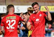 18 September 2022; Sean Boyd, right, and Kameron Ledwidge of Shelbourne celebrate after their side's victory in the Extra.ie FAI Cup Quarter-Final match between Shelbourne and Bohemians at Tolka Park in Dublin. Photo by Seb Daly/Sportsfile