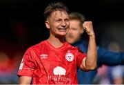 18 September 2022; John Ross Wilson of Shelbourne celebrates after his side's victory in the Extra.ie FAI Cup Quarter-Final match between Shelbourne and Bohemians at Tolka Park in Dublin. Photo by Seb Daly/Sportsfile