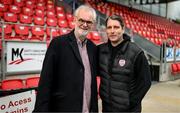 18 September 2022; Actor Tim McGarry with Derry City manager Ruaidhrí Higgins before the Extra.ie FAI Cup Quarter-Final match between Derry City and Shamrock Rovers at The Ryan McBride Brandywell Stadium in Derry. Photo by Stephen McCarthy/Sportsfile