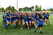 18 September 2022; Leinster captain Abby Moyles lifting the cup after the U18 Girls Interprovincial match between Leinster and Connacht at Energia Park in Dublin. Photo by Eóin Noonan/Sportsfile