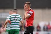 18 September 2022; Cameron Dummigan of Derry City reacts to a missed shot on goal during the Extra.ie FAI Cup Quarter-Final match between Derry City and Shamrock Rovers at The Ryan McBride Brandywell Stadium in Derry. Photo by Stephen McCarthy/Sportsfile