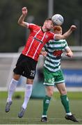 18 September 2022; Cameron Dummigan of Derry City in action against Rory Gaffney of Shamrock Rovers during the Extra.ie FAI Cup Quarter-Final match between Derry City and Shamrock Rovers at The Ryan McBride Brandywell Stadium in Derry. Photo by Stephen McCarthy/Sportsfile
