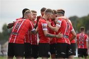 18 September 2022; Derry City players celebrate their side's first goal, scored by Jamie McGonigle of Derry City, during the Extra.ie FAI Cup Quarter-Final match between Derry City and Shamrock Rovers at The Ryan McBride Brandywell Stadium in Derry. Photo by Stephen McCarthy/Sportsfile