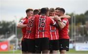 18 September 2022; Derry City players celebrate their side's first goal, scored by Jamie McGonigle of Derry City, during the Extra.ie FAI Cup Quarter-Final match between Derry City and Shamrock Rovers at The Ryan McBride Brandywell Stadium in Derry. Photo by Stephen McCarthy/Sportsfile