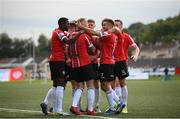 18 September 2022; Derry City players, including Mark Connolly and Michael Duffy, celebrate their side's first goal during the Extra.ie FAI Cup Quarter-Final match between Derry City and Shamrock Rovers at The Ryan McBride Brandywell Stadium in Derry. Photo by Stephen McCarthy/Sportsfile