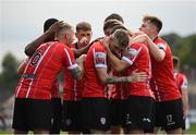 18 September 2022; Jamie McGonigle of Derry City, centre, celebrates with teammates after scoring their side's first goal during the Extra.ie FAI Cup Quarter-Final match between Derry City and Shamrock Rovers at The Ryan McBride Brandywell Stadium in Derry. Photo by Stephen McCarthy/Sportsfile