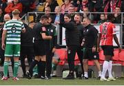 18 September 2022; Derry City manager Ruaidhrí Higgins protests to referee Rob Hennessy during the Extra.ie FAI Cup Quarter-Final match between Derry City and Shamrock Rovers at The Ryan McBride Brandywell Stadium in Derry. Photo by Stephen McCarthy/Sportsfile