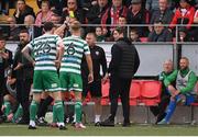18 September 2022; Derry City manager Ruaidhrí Higgins receives a yellow card during the Extra.ie FAI Cup Quarter-Final match between Derry City and Shamrock Rovers at The Ryan McBride Brandywell Stadium in Derry. Photo by Stephen McCarthy/Sportsfile