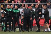 18 September 2022; Shamrock Rovers manager Stephen Bradley and Derry City manager Ruaidhrí Higgins during the Extra.ie FAI Cup Quarter-Final match between Derry City and Shamrock Rovers at The Ryan McBride Brandywell Stadium in Derry. Photo by Stephen McCarthy/Sportsfile