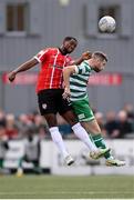 18 September 2022; Jack Byrne of Shamrock Rovers in action against Sadou Diallo of Derry City during the Extra.ie FAI Cup Quarter-Final match between Derry City and Shamrock Rovers at The Ryan McBride Brandywell Stadium in Derry. Photo by Stephen McCarthy/Sportsfile