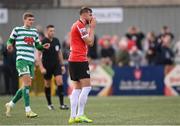 18 September 2022; Will Patching of Derry City reacts to missing a penalty kick during the Extra.ie FAI Cup Quarter-Final match between Derry City and Shamrock Rovers at The Ryan McBride Brandywell Stadium in Derry. Photo by Stephen McCarthy/Sportsfile