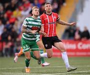 18 September 2022; Patrick McEleney of Derry City is fouled by Lee Grace of Shamrock Rovers, resulting in a penalty and a red card, during the Extra.ie FAI Cup Quarter-Final match between Derry City and Shamrock Rovers at The Ryan McBride Brandywell Stadium in Derry. Photo by Stephen McCarthy/Sportsfile