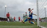 18 September 2022; Cameron Dummigan of Derry City has a shot on goal saved by Shamrock Rovers goalkeeer Leon Pohls during the Extra.ie FAI Cup Quarter-Final match between Derry City and Shamrock Rovers at Ryan McBride Brandywell Stadium in Derry. Photo by Stephen McCarthy/Sportsfile