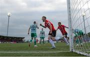 18 September 2022; Jamie McGonigle of Derry City celebrates after scoring his side's first goal during the Extra.ie FAI Cup Quarter-Final match between Derry City and Shamrock Rovers at Ryan McBride Brandywell Stadium in Derry. Photo by Stephen McCarthy/Sportsfile