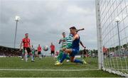 18 September 2022; Cameron Dummigan of Derry City has a shot on goal saved by Shamrock Rovers goalkeeer Leon Pohls during the Extra.ie FAI Cup Quarter-Final match between Derry City and Shamrock Rovers at Ryan McBride Brandywell Stadium in Derry. Photo by Stephen McCarthy/Sportsfile