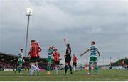 18 September 2022; Lee Grace of Shamrock Rovers is shown a red card by referee Rob Hennessy during the Extra.ie FAI Cup Quarter-Final match between Derry City and Shamrock Rovers at Ryan McBride Brandywell Stadium in Derry. Photo by Stephen McCarthy/Sportsfile