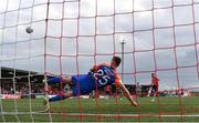 18 September 2022; Will Patching of Derry City hits the crossbar with a penalty kick as Shamrock Rovers goalkeeper Leon Pohls looks on during the Extra.ie FAI Cup Quarter-Final match between Derry City and Shamrock Rovers at Ryan McBride Brandywell Stadium in Derry. Photo by Stephen McCarthy/Sportsfile