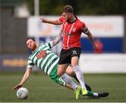 18 September 2022; Will Patching of Derry City is tackled by Chris McCann of Shamrock Rovers during the Extra.ie FAI Cup Quarter-Final match between Derry City and Shamrock Rovers at The Ryan McBride Brandywell Stadium in Derry. Photo by Stephen McCarthy/Sportsfile