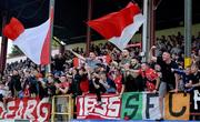 18 September 2022; Shelbourne supporters celebrate after their side's victory after the Extra.ie FAI Cup Quarter-Final match between Shelbourne and Bohemians at Tolka Park in Dublin. Photo by Tyler Miller/Sportsfile