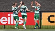 18 September 2022; Rory Gaffney of Shamrock Rovers celebrates with teammates Gary O'Neill and Andy Lyons after scoring their side's first goal during the Extra.ie FAI Cup Quarter-Final match between Derry City and Shamrock Rovers at The Ryan McBride Brandywell Stadium in Derry. Photo by Stephen McCarthy/Sportsfile