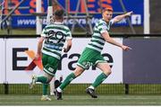 18 September 2022; Rory Gaffney of Shamrock Rovers celebrates after scoring his side's first goal during the Extra.ie FAI Cup Quarter-Final match between Derry City and Shamrock Rovers at The Ryan McBride Brandywell Stadium in Derry. Photo by Stephen McCarthy/Sportsfile