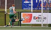 18 September 2022; Rory Gaffney of Shamrock Rovers shoots to score his side's first goal past Derry City goalkeeper Brian Maher during the Extra.ie FAI Cup Quarter-Final match between Derry City and Shamrock Rovers at The Ryan McBride Brandywell Stadium in Derry. Photo by Stephen McCarthy/Sportsfile