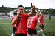 18 September 2022; Daniel Lafferty of Derry City celebrates after scoring his side's second goal during the Extra.ie FAI Cup Quarter-Final match between Derry City and Shamrock Rovers at The Ryan McBride Brandywell Stadium in Derry. Photo by Stephen McCarthy/Sportsfile