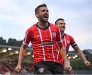 18 September 2022; Daniel Lafferty of Derry City celebrates after scoring his side's second goal during the Extra.ie FAI Cup Quarter-Final match between Derry City and Shamrock Rovers at The Ryan McBride Brandywell Stadium in Derry. Photo by Stephen McCarthy/Sportsfile