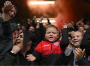 18 September 2022; Derry City supporters celebrate their side's second goal during the Extra.ie FAI Cup Quarter-Final match between Derry City and Shamrock Rovers at The Ryan McBride Brandywell Stadium in Derry. Photo by Stephen McCarthy/Sportsfile