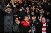 18 September 2022; Derry City supporters celebrate their side's second goal during the Extra.ie FAI Cup Quarter-Final match between Derry City and Shamrock Rovers at The Ryan McBride Brandywell Stadium in Derry. Photo by Stephen McCarthy/Sportsfile