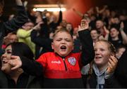 18 September 2022; Four-year-old Derry City supporter Braelin Diver celebrates their side's second goal during the Extra.ie FAI Cup Quarter-Final match between Derry City and Shamrock Rovers at The Ryan McBride Brandywell Stadium in Derry. Photo by Stephen McCarthy/Sportsfile