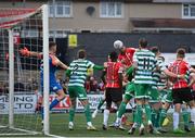 18 September 2022; Daniel Lafferty of Derry City heads to score his side's second goal during the Extra.ie FAI Cup Quarter-Final match between Derry City and Shamrock Rovers at The Ryan McBride Brandywell Stadium in Derry. Photo by Stephen McCarthy/Sportsfile