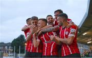 18 September 2022; Brandon Kavanagh of Derry City, centre, celebrates with teammates after scoring his side's third goal during the Extra.ie FAI Cup Quarter-Final match between Derry City and Shamrock Rovers at The Ryan McBride Brandywell Stadium in Derry. Photo by Stephen McCarthy/Sportsfile