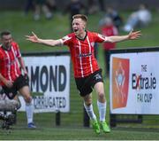 18 September 2022; Brandon Kavanagh of Derry City celebrates after scoring his side's third goal during the Extra.ie FAI Cup Quarter-Final match between Derry City and Shamrock Rovers at The Ryan McBride Brandywell Stadium in Derry. Photo by Stephen McCarthy/Sportsfile