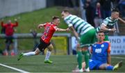 18 September 2022; Brandon Kavanagh of Derry City celebrates after scoring his side's third goal as Shamrock Rovers players react during the Extra.ie FAI Cup Quarter-Final match between Derry City and Shamrock Rovers at The Ryan McBride Brandywell Stadium in Derry. Photo by Stephen McCarthy/Sportsfile