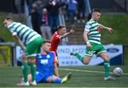 18 September 2022; Brandon Kavanagh of Derry City celebrates after scoring his side's third goal as Shamrock Rovers players react during the Extra.ie FAI Cup Quarter-Final match between Derry City and Shamrock Rovers at The Ryan McBride Brandywell Stadium in Derry. Photo by Stephen McCarthy/Sportsfile